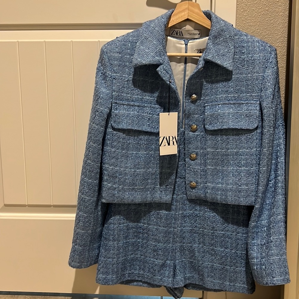 Zara short romper and jacket set in light blue. Brand new with tags.